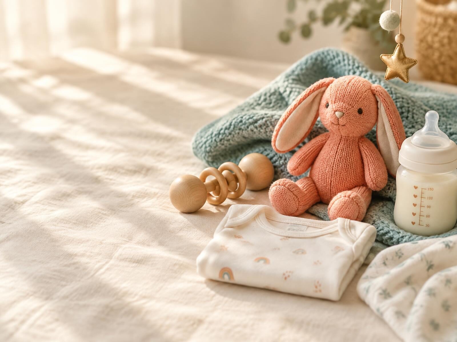 Soft baby essentials: a knitted bunny, wooden rattle, onesie and bottle